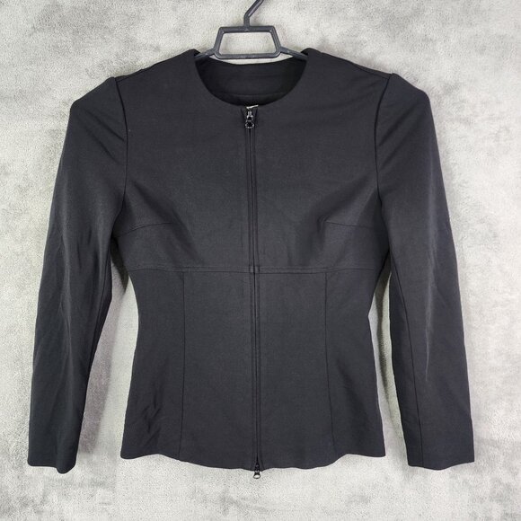 Womens Black Cache Fitted Jacket Full Zip Round Neck Long Sleeve Size 4 - Picture 2 of 11
